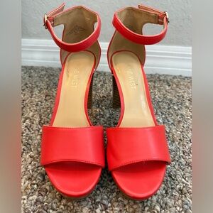 Nine West Coral-Red Ankle Strap Block Heels